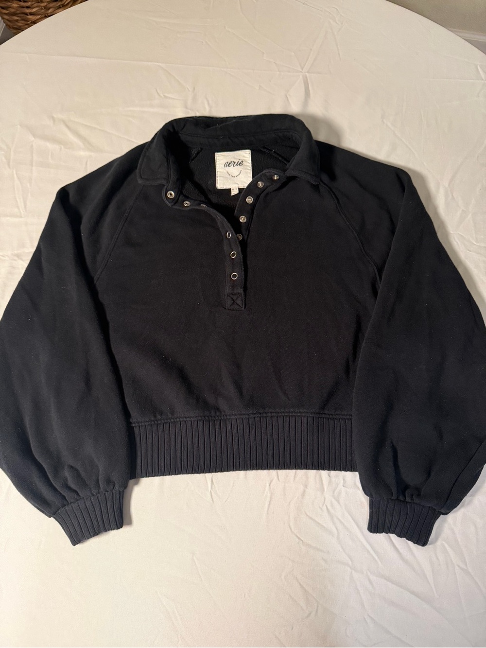 Aerie Womens XS Black Cropped Snap Button Fleece Sweatshirt Collared Pullover